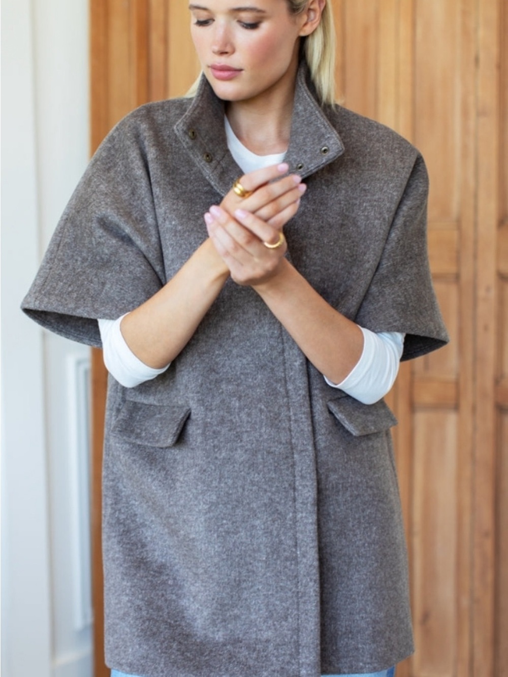 Emerson Fry Short-Sleeve Wool Blend Poncho Coat in Heather Brown